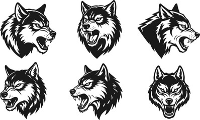 Black and white wolf head mascot collection, fierce wild animal illustration, aggressive wolf faces logo design, CAD drawing flat vector illustration.