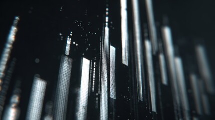 Abstract digital art with vertical lines and glowing particles on dark background illustrating technology and data visualization