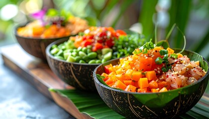 Three poke bowls in coconut shells with fresh ingredients on a banana leaf, soft, diffused sunlight