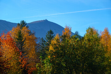 autumn landscape. view of Krkonose mountains and peak of Mount Snezka. Karpacz, Poland