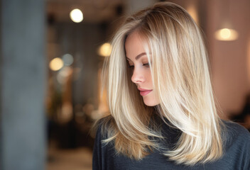 Fototapeta premium Beautiful young woman with straight shiny blonde hair in salon, soft lighting and elegant hairstyle in a modern professional setting.