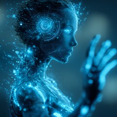 A captivating AI hologram featuring a futuristic data interface, showcasing intricate designs and advanced technology.