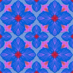 seamless floral pattern,red, purple, orange curves ,painted create to flowershape, leaves, blue background in geometric patterns as sarong,fabric,tile,printed fabric,batik,tablecloth patterns.