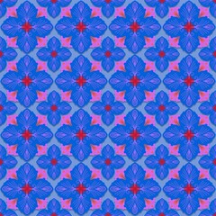 seamless pattern with flowers,red, purple, orange curves ,painted create to flowershape, leaves, blue background in geometric patterns as sarong,fabric,tile,printed fabric,batik,tablecloth patterns.