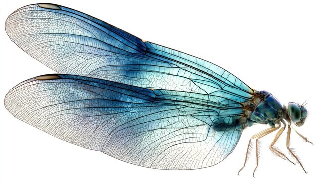 Detailed Close-Up of a Blue Dragonfly Wing Showcasing Intricate Web Patterns and Transparent Structure