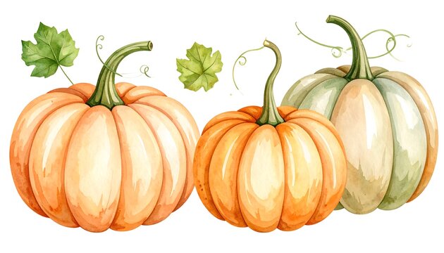Three pumpkins in watercolor style, shades of orange and green, with leaf details, isolated on a white background