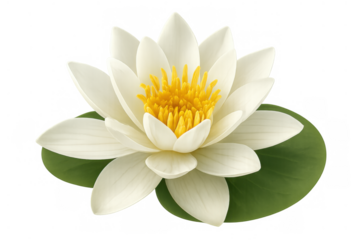 White water lily blooming, representing purity and peace, sitting on a green leaf with transparent background