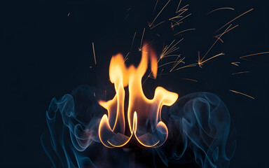 High quality vivid photo of a bright orange fire flame with flying sparks against a completely black background using surreal lighting and soft shading
