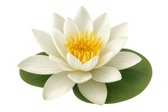 White water lily blooming, representing purity and peace, sitting on a green leaf with transparent background