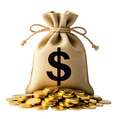 Money bag overflowing with gold coins on black background