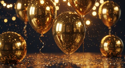 Elegant Gold Celebration Banner with Balloons and Light Particles