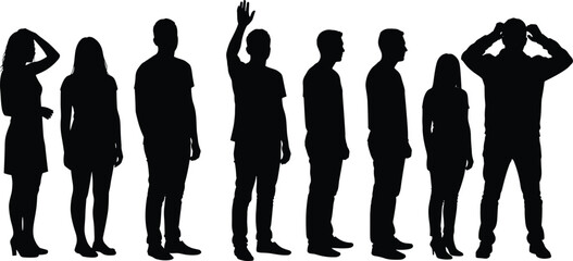 Human silhouettes standing and posing in different gestures, male and female group illustration, people posture study, CAD drawing flat vector illustration.
