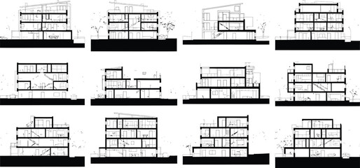 Architectural study of modular building sections and floor plans showing various spatial configurations and layouts