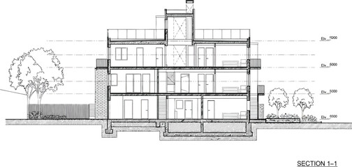 Architectural drawing of a modern multi story residential house section showing interior layout and exterior details