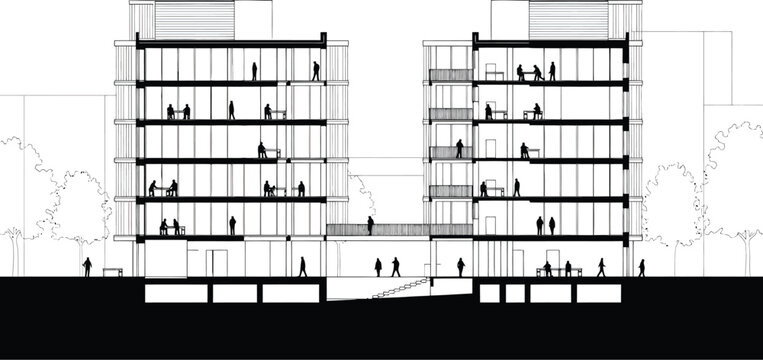 Architectural cross section drawing of a modern multi story building with people inside