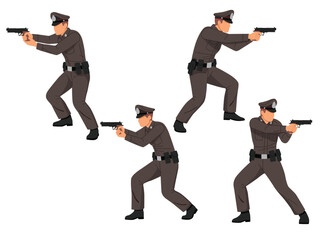 set of Thai police officer in dark khaki uniforms holding handguns action pose ready and aiming stances