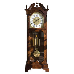 Antique grandfather clock with ornate wooden casing and pendulum