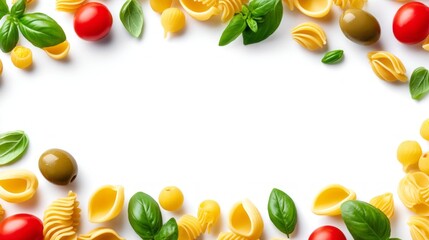 Bright red tomatoes, green basil, and various pasta shapes create a vibrant scene celebrating traditional Italian cuisine. Fresh ingredients invite a culinary adventure filled with flavor and joy