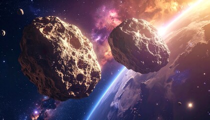 Two space rocks hover against a backdrop of a blue planet and colorful nebulae in the vastness of space