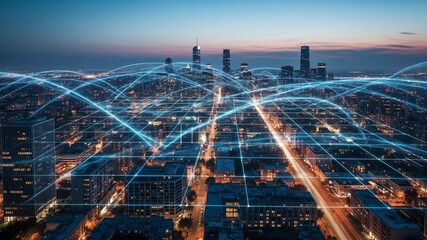 Futuristic Smart City Skyline At Dusk With Glowing Digital Network Arcs And Data Grid Over Busy Streets - Powered by Adobe