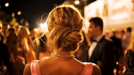 Elegant Entrance: A woman in a pink gown with her blond hair up, embodies elegance and poise at a sophisticated, star-studded event.