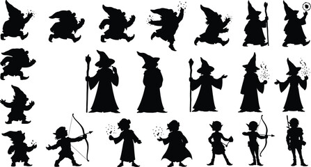 Obraz premium Fantasy character silhouette vector set, black wizard, archer, warrior icons, magical poses, dynamic stances, mythical figures, isolated on white background