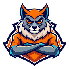 Fototapeta premium Aggressive wolf mascot with crossed arms in orange shirt