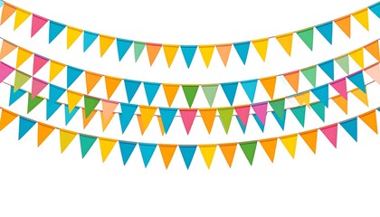 Three rows of colorful triangular bunting, hanging from string against a white background. Happy and festive
