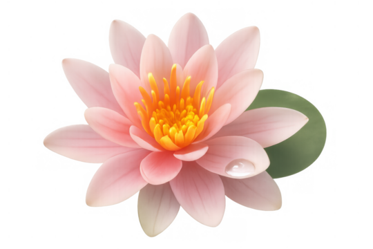 Pink lotus flower with a glistening water drop, showing natural beauty, purity, and spiritual serenity, transparent background