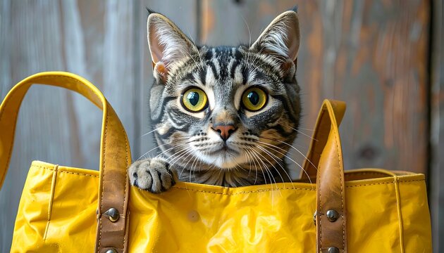 Tabby cat peeks out of bright yellow tote bag with wooden background, featuring prominent eyes