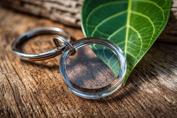 Macro shot shows keyring on wood surface with a green leaf. It is perfect for nature-themed or branding concepts.