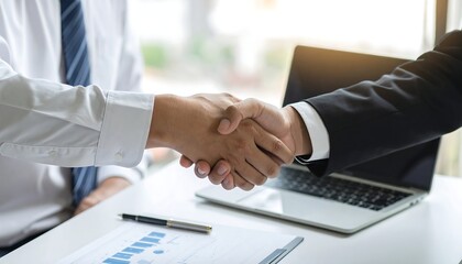 Two business people shaking hands in front of a laptop and charts in an office setting, symbolizing a successful deal