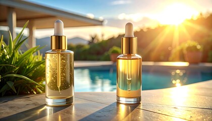 Naklejka premium Two golden-topped serum bottles sit poolside bathed in warm sunlight and reflected in the water