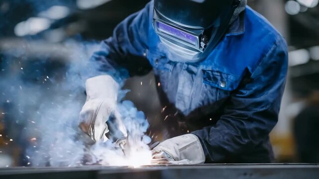 123Close-up of welder&rsquo;s gloved hands fusing steel rods together, molten sparks cascading in a shower of light against a dark industrial background