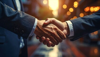 Two business people shaking hands with blurred background lights forming an abstract view