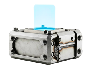 Futuristic metal container with glowing blue holographic display on a transparent background
