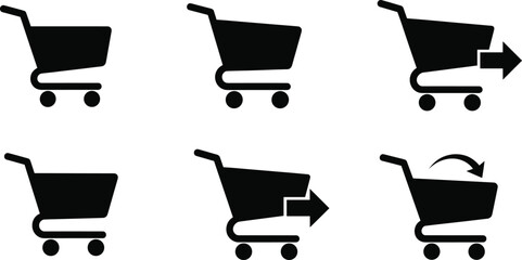 Shopping cart icon vector set, black silhouette collection, e-commerce action symbols, checkout and return arrows, minimal design, isolated on white background © Ideasy Mind