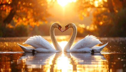 Two graceful swans facing, necks forming a heart shape on serene water, bathed in warm, golden sunlight, nature's embrace