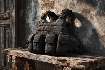Tactical black vest with pouches rests on rustic wooden surface. It's ideal for portraying military, law enforcement, or security themes.
