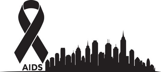 World aids day awareness red ribbon silhouette skyline cityscape symbol global health