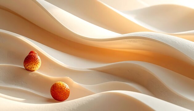 Two strawberries lie upon a textured landscape of creamy, undulating waves with warm, subtle highlights and shadows