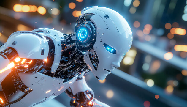 A close-up shot of a futuristic robot. The robot has a sleek, metallic design with glowing blue accents and a contemplative expression - Powered by Adobe