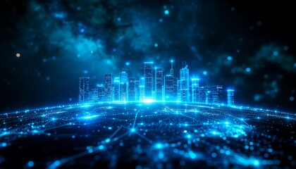 A futuristic cityscape glowing with blue lights