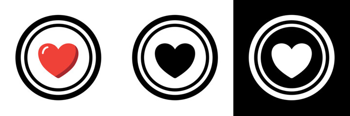 A clean circular icon with a heart at its center, presented in red, black, and white color themes, representing love, passion, and emotional connection.