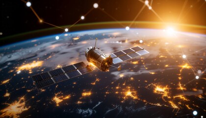 A satellite orbits the Earth, connecting the world with its technology. The image shows the curvature of the planet with a golden glow