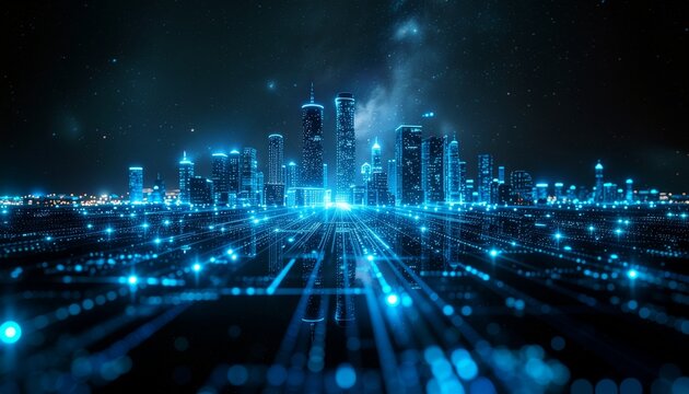 Illuminated modern city at night with digital lights illuminating the buildings and streets. The city skyline is bathed in cool blue hues, symbolizing technology and connectivity