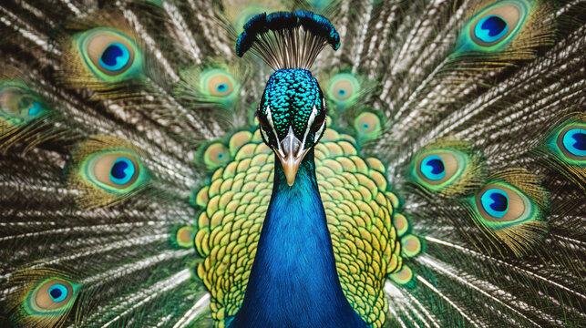 Spectacular peacock displaying its iridescent train of feathers in a vibrant natural setting