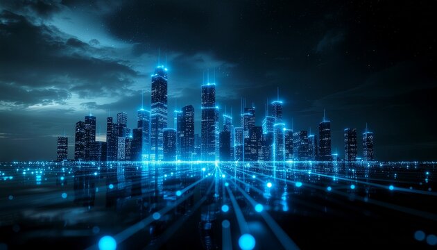 A futuristic cityscape glows with an electric blue light, set against a dramatic sky. The city's buildings are connected by a network of illuminated lines