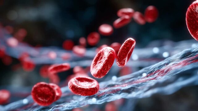 136Close-up 3D illustration of red blood cells moving through a healthy blood vessel, vibrant red cells contrasting with smooth vessel walls, ideal for biology education
