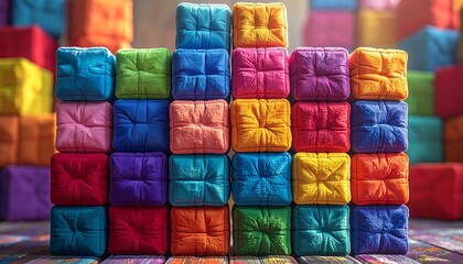 A vibrant, close-up shot of a stacked tower made of colorful, square-shaped blocks, creating a playful and textured visual